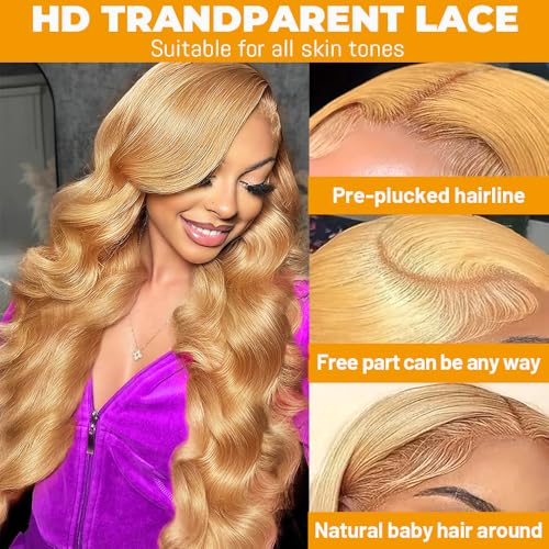 SOSATISFY Honey Blonde Wig Human Hair 200 Density 13x4 Blonde Wig Human Hair Body Wave Human Hair 27# Colored Wigs Pre Plucked with Baby Hair for Women 24 inch