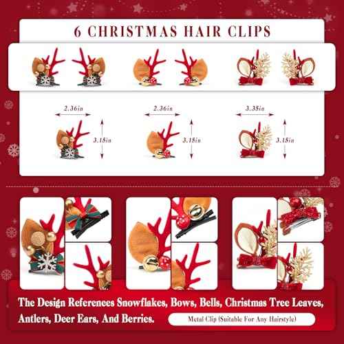6 PCS Christmas Hair Clips Cute Reiner Antleders Ears Holiday Headpiece Hair Headbands for Women Girls Holiday Hairpins Christmas Outfits Hair Accessory Party Gift