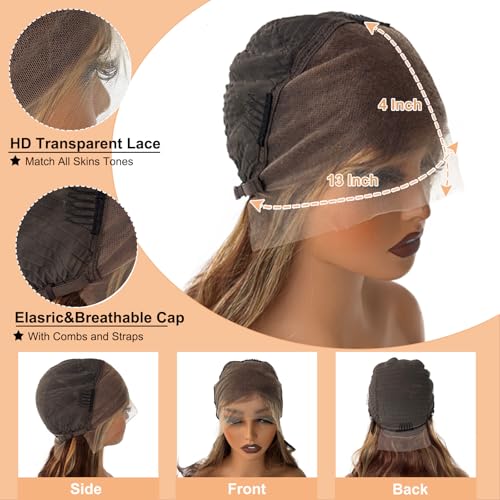 Highlight Lace Front Wig Human Hair 13x6 HD Transparent Straight Lace Front Wigs Human Hair Pre Plucked 180% Density 4/27 Colored Honey Blonde Wig for Women 22Inch