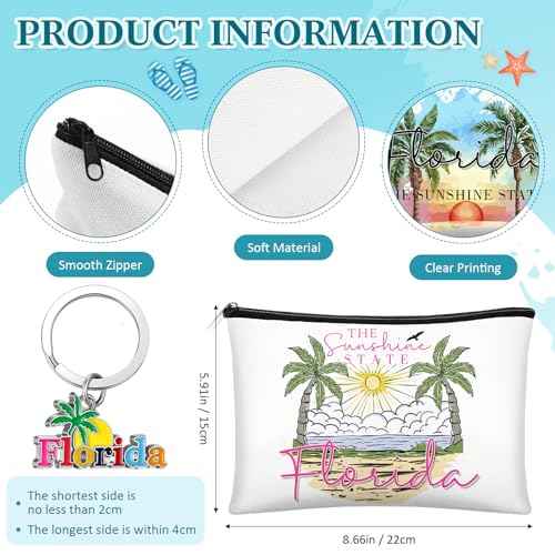 Landical 6 Sets Florida Souvenir Gifts Include 6 Pcs Florida Cosmetic Bag and 6 Pcs Metal Keychain for Women Traveler Christmas Party Gifts