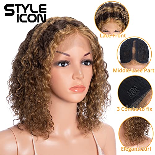 Style Icon Human Hair Wigs Short Curly Wigs Fluffy Afro Wigs T-Part Deep Wave Pre Plucked HD Lace Front Wigs (12", PI4/27)