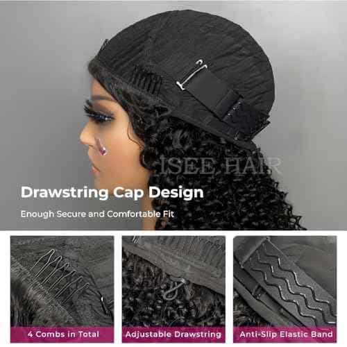 ISEE Half Wig Human Hair Glueless Wigs Upgrade 3 IN 1 Half Wig With Drawstring Seamless Clip Ins Flip Over Kinky Curly Human Hair No Glue No Lace For Women 180% Density 18 Inch