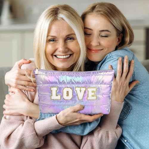 ARISTOTE Personalized Initial Quilted Makeup Bag, Large Cute Cosmetic Bag, Cotton Iridescent Travel Toiletry Organizer Bags, Gifts for Girl Girlfriend Teen Girls Gift Trendy Stuff (LOVE, purple)