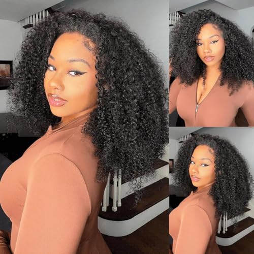 XSY Curly Half Wig Human Hair 16 Inch Kinky Curly Half Wig 200% Density 3 In 1 Drawstring Seamless Flip Over Glueless Wear and Go Half Wigs for Black Women Beginner Friendly Natural Black