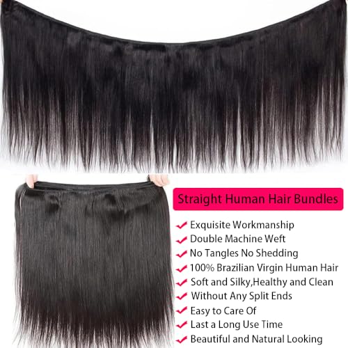 Straight Human Hair Bundles 16 18 20 Inch 12A Brazilian Virgin Straight Hair Bundles 100% Unprocessed Human Hair Weave Bundles Human Hair Extensions for Black Women Natural Black Color