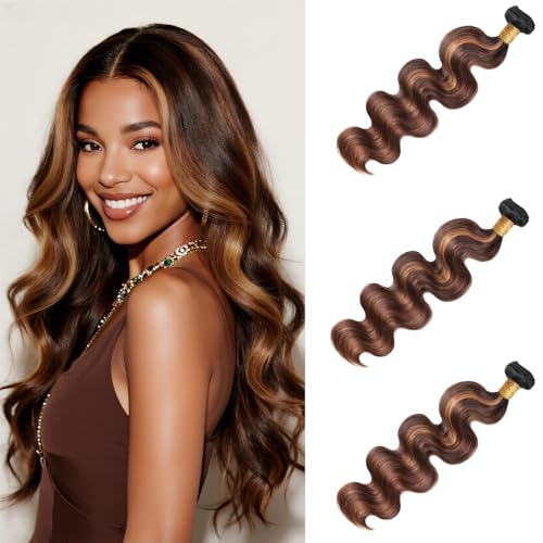 Body Wave Human Hair Bundles 22 24 26 Inch 3 Bundles Ombre Brown Highlight P4/30 Soft Bouncy Flowing Natural Hair Extensions for Women