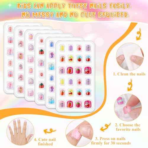 144 Pcs Small Kids Nails Set, Thrilez 6 Pack Mini Press on Nail Pre-glue Artificial False Acrylic Nails Set for Little Girl Children