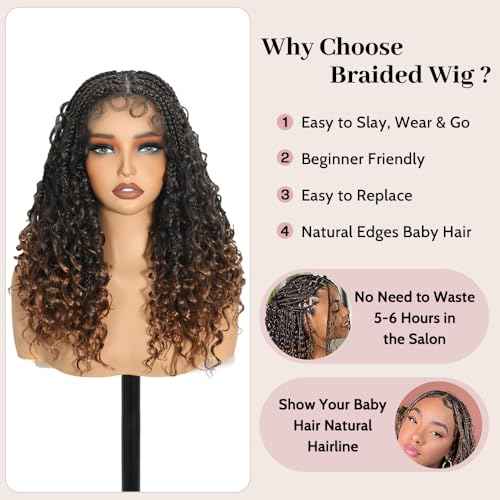 Short Boho Braided Wigs for Black Women Glueless Double Full HD Lace Human Hair Blended Braid Wig with Bohemian Curly Ends Goddess Boho Box Braids Wig (Dark Brown, 16 Inch)