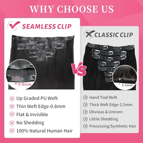 16 inch Seamless Clip in Hair Extensions Real Human Hair 110g 7pcs Invisible Soft PU Clip in Hair Extensions for Black Women Virgin Human Hair Extensions Clip ins 1B Natural Black Straight
