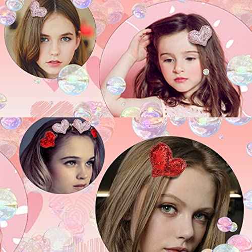 9 Piece Heart Hair Clips & Barrettes, Glitter Sequin Heart Hairpins for Girls in Three Colors, Valentine's Day Themed Party