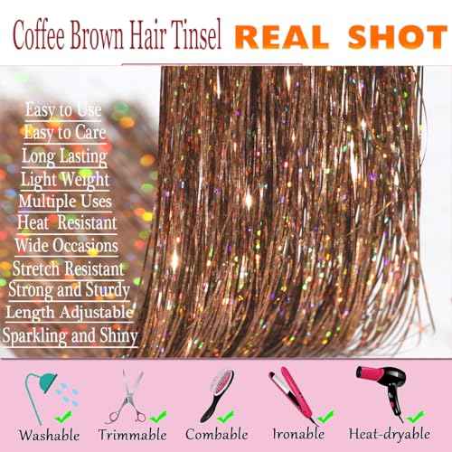 Galaxy Brown Hair Tinsel Kit, Mixed Colors Fairy Hair,Colorful Glitter Tinsel Hair Highlights for Kids Women Girls (Galaxy+Coffee, 48 Inches Pack of 8 PCs)