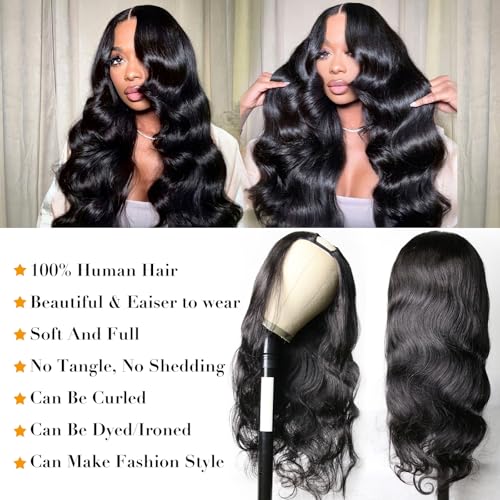 U Part Human Hair Wig Body Wave for Women Brazilian Remy Upart Human Hair Wig Beginner Friendly No Sew in NO Glue Half Wig 180% Density Natural Color 20Inch