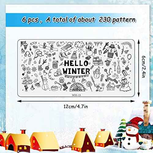 Whaline 6 Pieces Winter Nail Art Stamping Plates Kit Snowman Snowflake Pine Tree Sweater Image Stamp Templates Hello Winter Nail Art Plates for Winter Xmas DIY Print Manicure Salon Design Gift