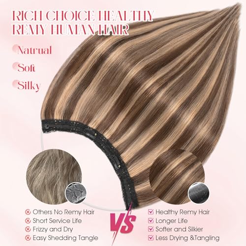 Rich Choices Halo Hair Extensions Real Human Hair Remy Hairs Halo Extension for Women Invisible Wire One Piece Clip in Hairpiece 18 Inch Straight-#4P27 Medium Brown Highlight Dark Blonde