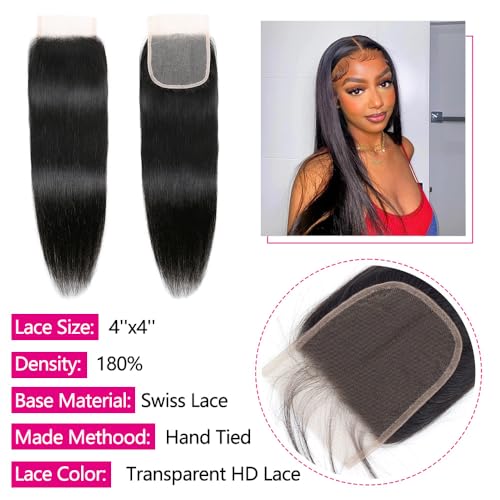 12A Straight Bundles with Closure Human Hair 16 18 20+14 Inch 100% Unprocessed Virgin Brazilian Straight Human Hair Weave 3 Bundles Deals with 4x4 HD Lace Closure