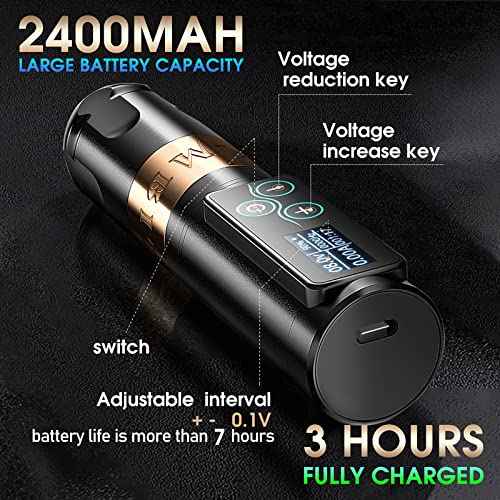 Ambition Rotary Tattoo Gun Kit, Vibe Wireless Tattoo Pen Machine Brushless Motor Dual 2400mAh Batteries with 100pcs Mixed Size Glory Tattoo Cartridge Needles for Pro Artists