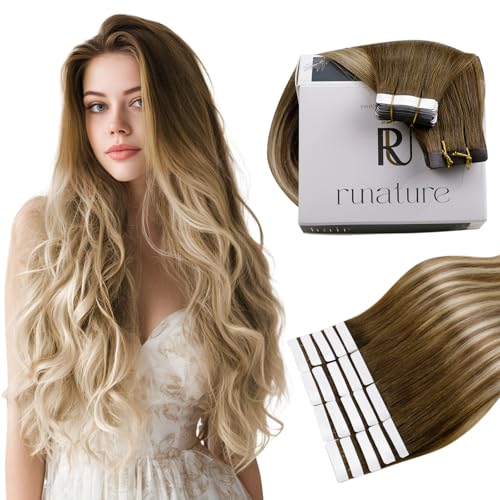 RUNATURE Tape in Hair Extensions Balayage, Human Hair Tape in Extensions for Long Hair, 20 Inch 50g 20pcs Brown to Blonde Tape Ins Human Hair Extensions, Straight Soft Texture, Easy to Apply