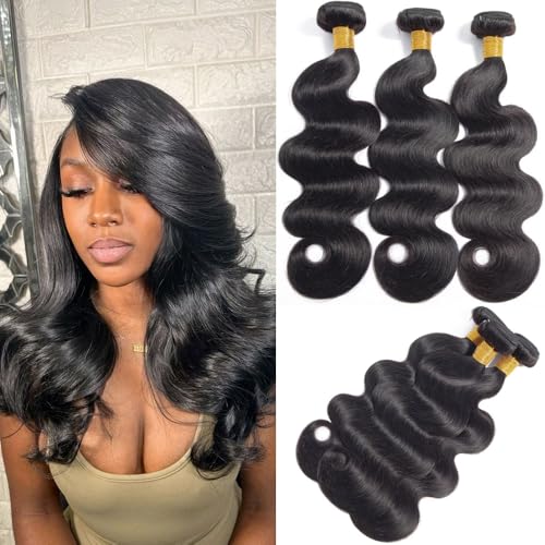 16A Human Hair Bundles 14 16 18 Inch Body Wave Bundles Human Hair 300g Brazilian Virgin Body Wave 3 Pieces Deals Brazilian Quick Weave Extensions Wet and Wavy Extensions Natural Black