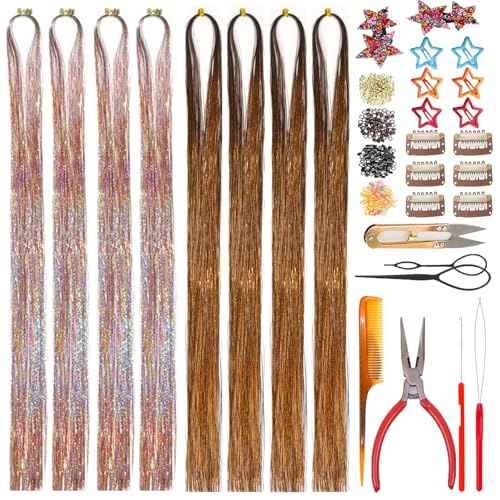 Galaxy Brown Hair Tinsel Kit, Mixed Colors Fairy Hair,Colorful Glitter Tinsel Hair Highlights for Kids Women Girls (Galaxy+Coffee, 48 Inches Pack of 8 PCs)