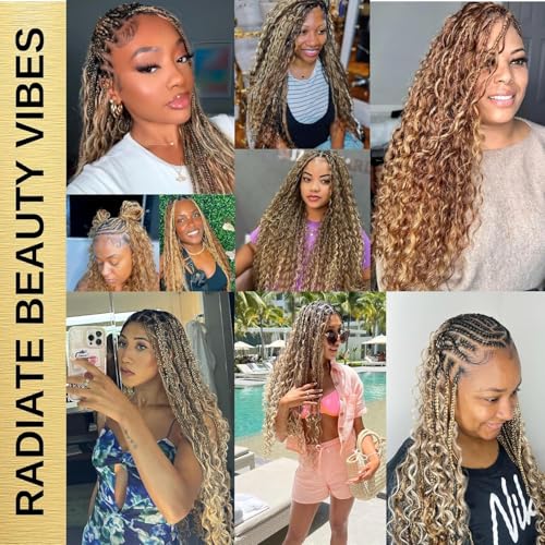Highlighted Multi-Blonde Braiding Human Hair for Boho Knotless Braids, Ombre 27/613 Curly Braiding Hair Deep Wave Human Hair Bulk, No Weft Blonde Extensions 22 Inch 100G FULL BULK