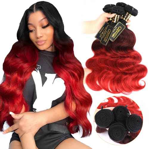 QTHAIR 1B/99J/Red Ombre Body Wave Human Hair Bundles 16A Grade 3 Tone Black Red Human Hair Body Wave Bundles 14 16 18Inch Unprocessed Virgin Hair Bundles Body Wavy Bundles