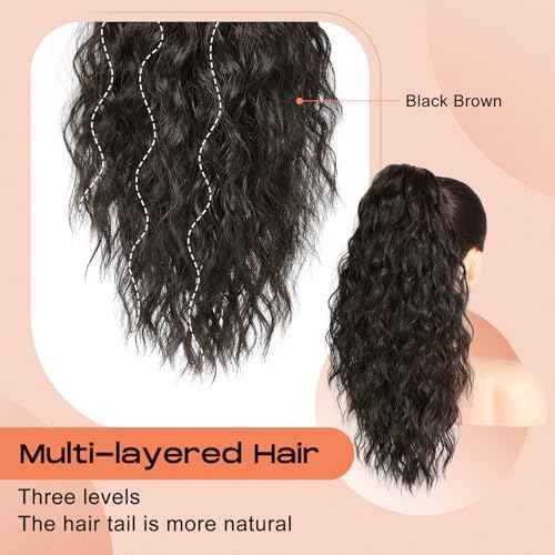 SEIKEA 18" Ponytail Extension Claw, PT002 Tia Long Multi Layered Hair FluffyThick Wavy Curly Clip in Hair Extensions Ponytail Natural Soft Synthetic Hairpiece for Women Black Brown