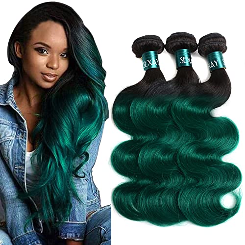 SEXAYHAIR Green Human Hair Brazilian Ombre Body Wave Bundles 1bGreen Virgin Hair 3 Bundles T1b/Green Color Human Hair Bundles Extensions for Women (12 14 16)
