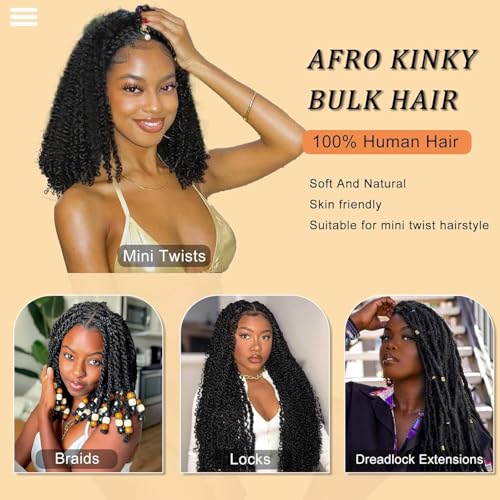 Afro Kinkys Bulk Human Hair 20 Inch for Braiding Afro Kinky-Curly Human Hair Bulk For Mini Twist, Repair Locs Hair Bulk Human Braiding Hair for Micro Dreadlocs Extensions(1B,35g/pack)