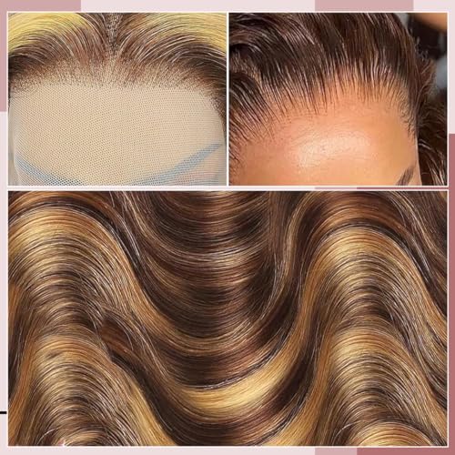BXW Highlight Ombre Lace Front Wig Human Hair 13x6 Blonde Highlight Body Wave Lace Front Wigs Human Hair 4/27 Colored Deep Wave Wig 200% Density Honey Blonde With Frontal Wigs For Women 30Inch