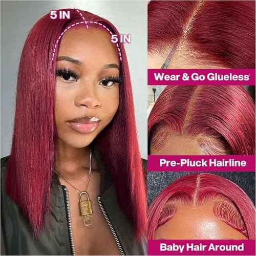 Wear and Go Glueless Bob Wig Human Hair 200% Density 5x5 HD Lace Closure Wigs For Black Women Glueless 5x5 Closure Wigs Human Hair Pre Plucked Bob Burgundy Color 16 Inch