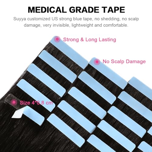 SUYYA Tape in Hair Extensions Human Hair 100% Remy Human Hair Natural Black 50g/pack 20pcs Straight Seamless Skin Weft Tape Hair Extensions(22 inches #1B Off Black)