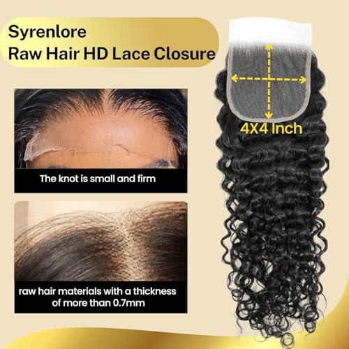4x4 Skinlike Real HD Lace Closure Only 22 IN, 0.09mm Ultra-thin Invisible Swiss HD Lace Closure Water Wave Human Raw Hair 13A Wet n Wavy Free Part Pre-Plucked Crystal Lace Natural Black