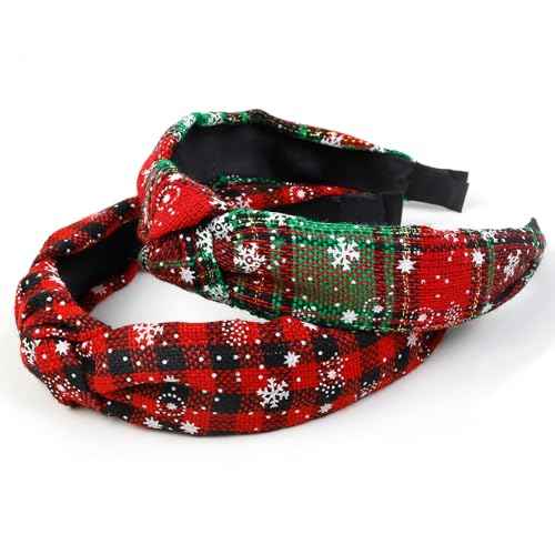 Christmas Headbands for Women Girls Plaid Headbands Holiday Knotted Head Bands with Snowflake Red Black Buffalo Plaid Hair Hoops Festive Top Knot Headband Christmas Gifts Hair Accessories for Women