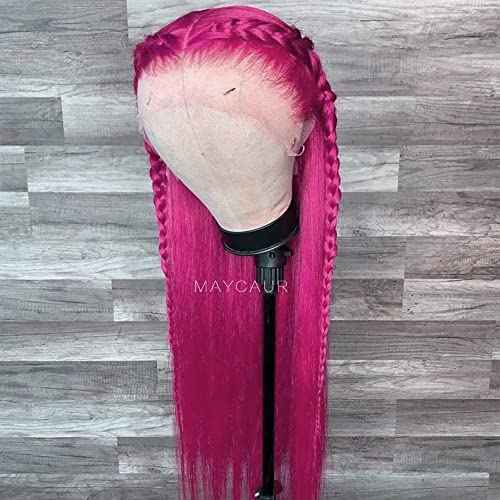 Maycaur Long Straight Hot Pink Lace Front Wigs Pre Plucked Hairline Glueless Hair Rose Red Synthetic Lace Front Wigs for Fashion Women Heat Resistant Fiber