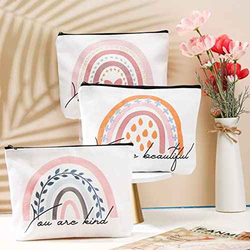 Saintrygo 4 Pcs Rainbow Cosmetic Bag Teacher Nurse Inspirational Gift Bags for Women Girls You Are Loved Beautiful Kind Makeup Bag Bulk Personalized Canvas Purse Pouch for Toiletry Travel