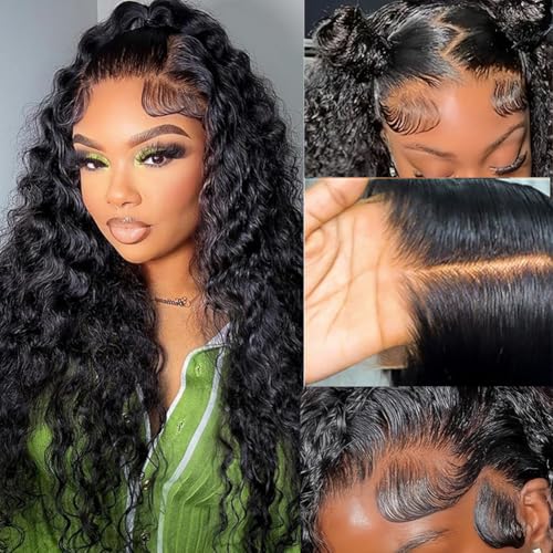 Deep Wave Lace Front Wigs Human Hair 13x6 Lace Front Wigs Human Hair Deep Curly lace Frontal Wigs for Black Women Pre Plucked with Natural Color 20 Inch
