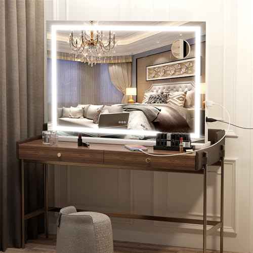 Hasipu Vanity Mirror with Lights, 23" x 18" LED Makeup Mirror, Lighted Makeup Mirror with Dimmable 3 Modes, Touch Screen Control Vanity Mirror Square White