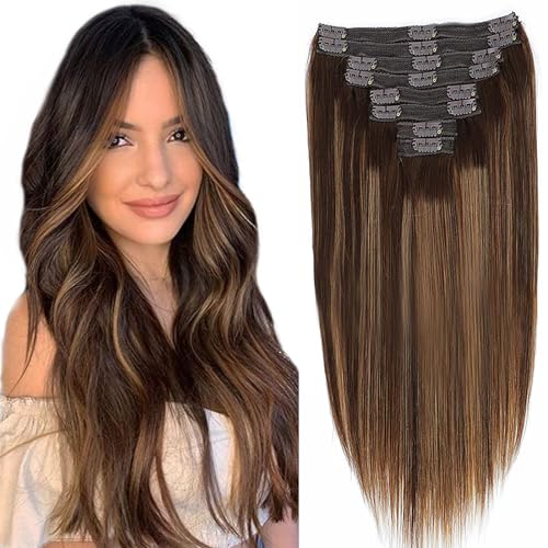 Real Full Head Silky Straight Clip in Extensions Balayage Chocolate Brown to Caramel Blonde 120g 8pcs Remy Hair Extensions Clip in Human Hair 18inch
