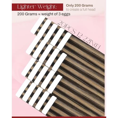 Moresoo Tape in Hair Extensions Human Hair Brown Real Hair Tape in Extensions Dark Brown with Caramel Blonde Human Hair Glue in Human Hair Extensions Fashion Seamless 22 Inch 20Pcs/50g #P4/27
