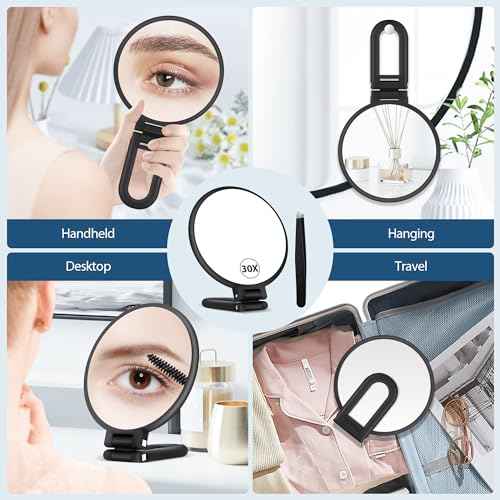 B Beauty Planet 30X Magnifying Mirror, Hand Mirror with Handle, Double Sided Hand Mirror with 30X/1X Magnification, Travel Essential Portable Foldable Makeup Mirror for Precision Makeup Black