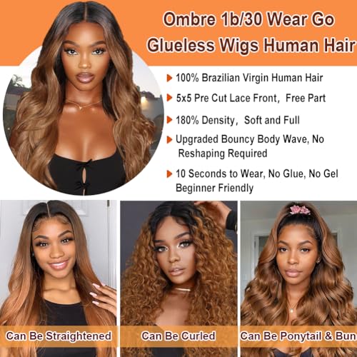 1B/30 Lace Front Wigs Human Hair Highlight Ombre 5x5 Pre Cut Lace Frontal Wig Human Hair Dark Root to Brown 5x5 HD Lace Closure Wigs Glueless Bouncy Body Wave Lace Frontal Wigs 180 Density 16 Inch