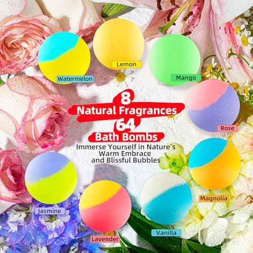 64 Pack Natural Bath Bombs Bulk Set ? 8 Scents, Organic Ingredients, Long-Lasting Bubbles, Relaxing Gifts for Women & Men, Self-Care, Birthday, Christmas & Stocking Stuffers