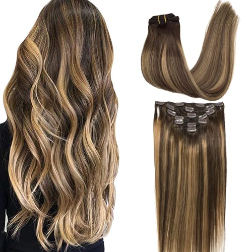 GOO GOO Clip in Hair Extensions Real Human Hair, Remy Human Hair Extensions Clip ins for Women, Natural Human Hair, 18inch 120g 7Pcs, 4/27/4 Balayage Chocolate Brown to Caramel Blonde