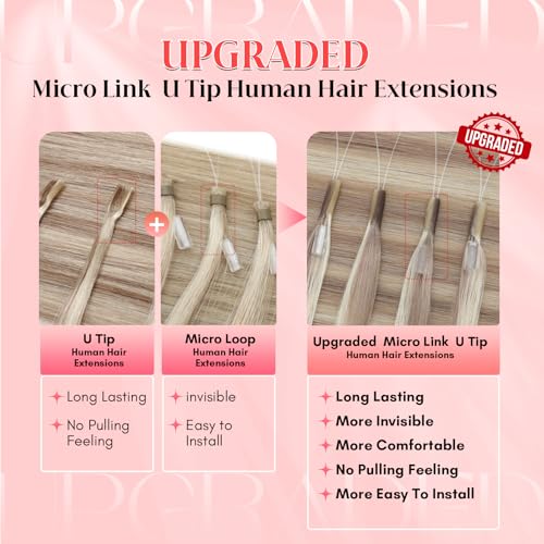 S-noilite U Tip Hair Extensions 100% Real Remy Human Hair Upgraded Micro Ring K Tip Extensions Pre Bonded Keratin Hair Extensions 50g/50 Stands 22 Inch Ash Blonde Highlighted Bleach Blonde
