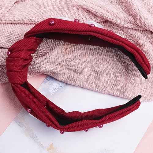 SARATA Valentine Rhinestone Headband for Women, Red Head Bands White Heart and Pink Embellished Crystal Pearl Wide Top Knot Hair Band Christmas Access for Party 1PCS