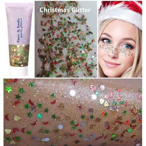 Go Ho Christmas Body Hair Face Glitter Gel,Christmas Glitters Face Paint,Holographic Colorful Sequins Chunky Reflective Face Glitter Makeup,Festival Rave Outfits for Women