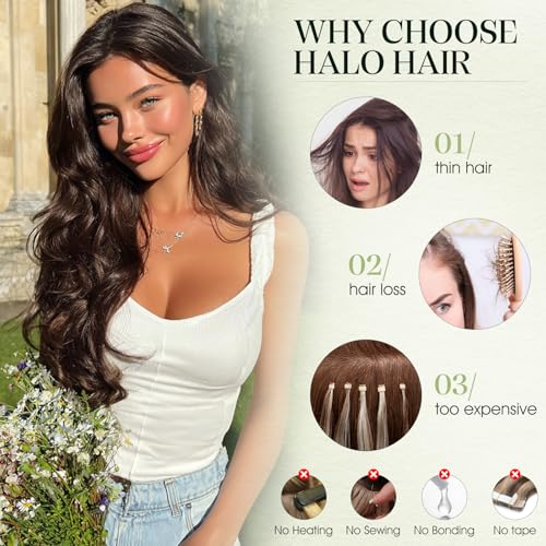 S-noilite Invisible Halo Hair Extensions Real Human Hair,20Inch Golden Brown mix Bleach Blonde Human Halo Extensions with 2clips Adjustable Fish Line One Piece HairExtensions For Women 70g