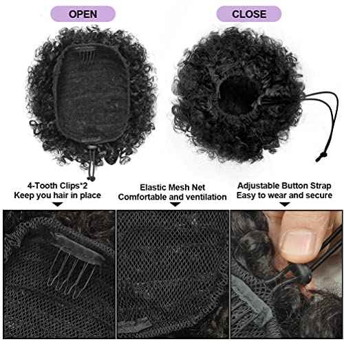 YEAME Afro Puff Drawstring Ponytail for Black Women, Short Kinky Curly Afro Ponytail Synthetic Hair Puffs, Premium Black Afro Bun Drawstring Ponytail for Women Girls (1B Natural Black)
