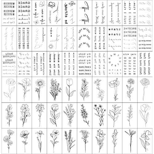 TATUWST Realistic Temporary Tattoos - 60 Sheets Tiny Small Removable Tattoos, 30 Pcs Inspirational Quotes Words Tattoos, 30 Pcs Wild Flower Ink Line Botanical Floral Leaf Tattoo Stickers for Women
