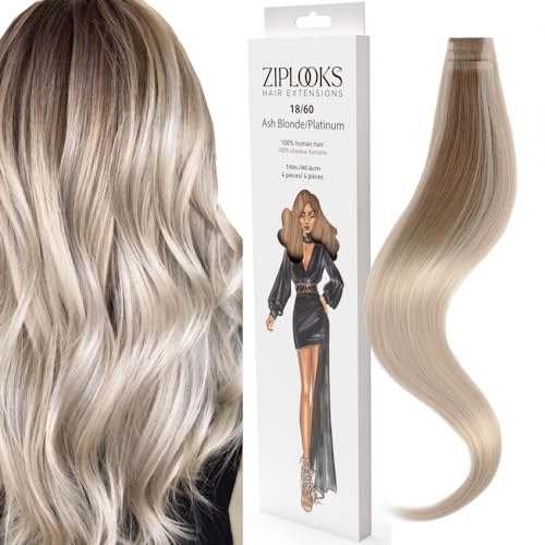 ZIPLOOKS | Ombr?age Hair Extensions | Human Hair Extensions | Ombre Ash Blonde to Platinum Balayage Highlights with ZTool Application, Damage-Free Hair & Scalp, 16 Inch, #18/60, 4 Pcs 20g